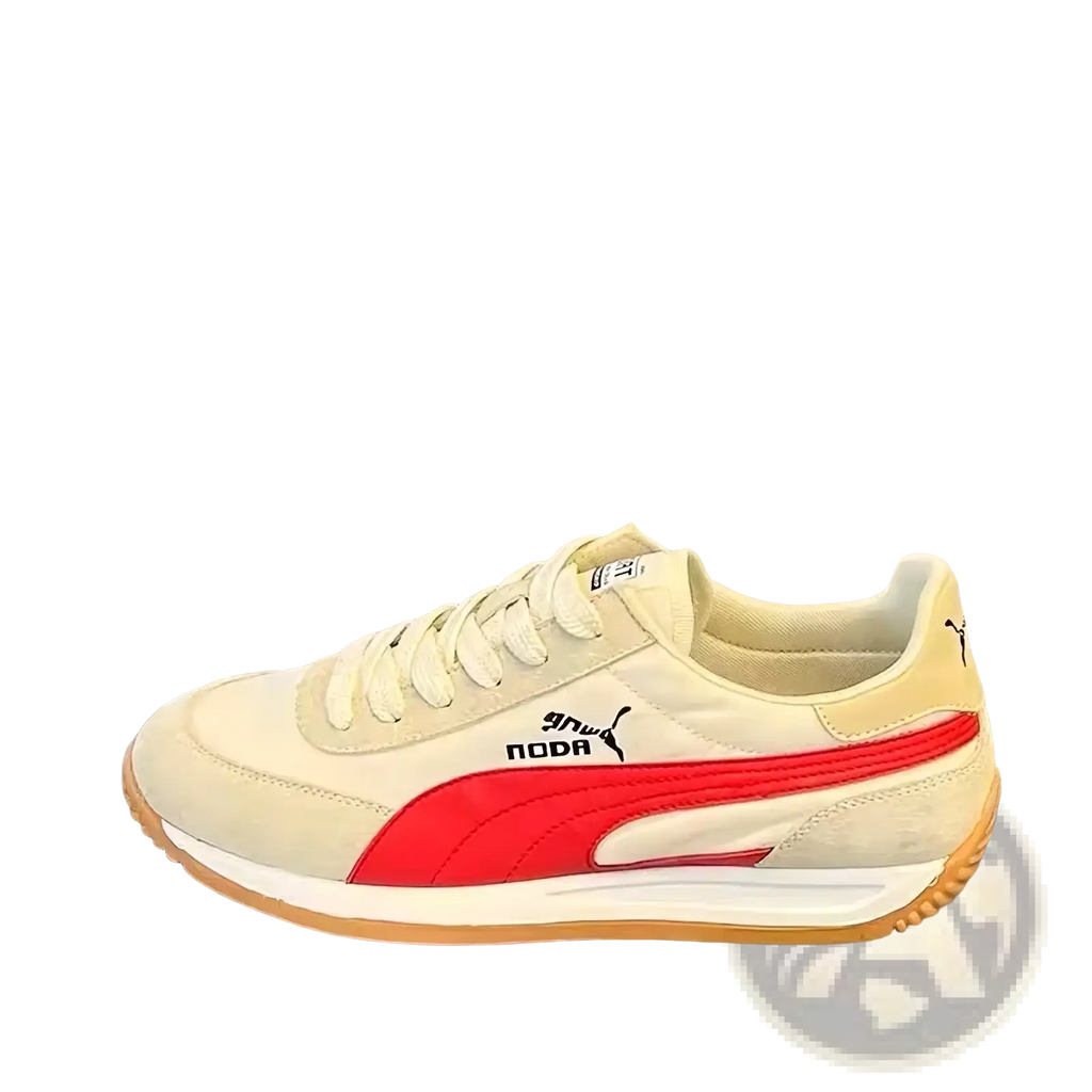 Men cream suede casual sneakers with bold red stripe and matching laces featuring a gum rubber sole for walking