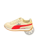 Men cream suede casual sneakers with bold red stripe and matching laces featuring a gum rubber sole for walking