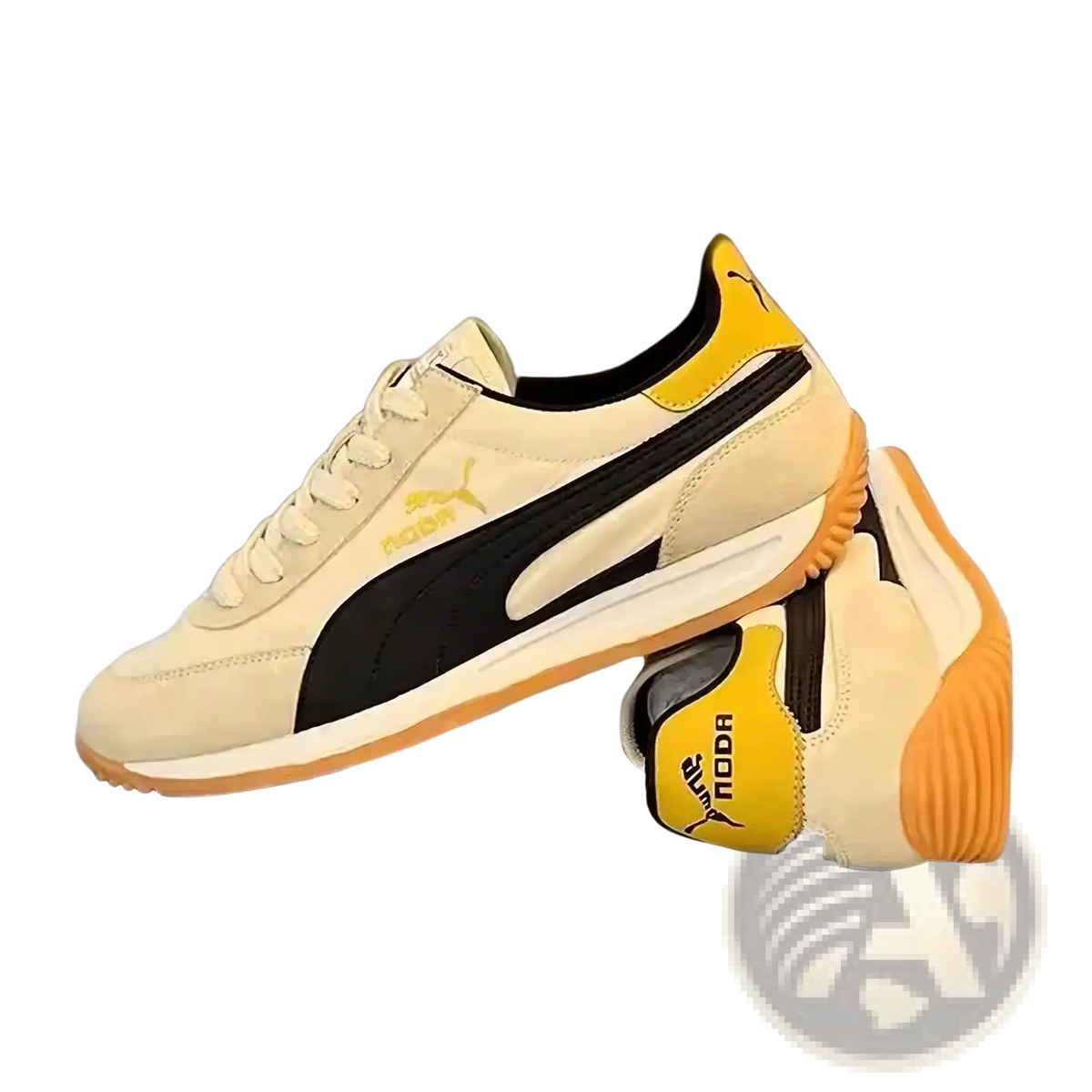 Men cream suede casual sneakers with bold black stripes and yellow accents in a retro walking shoe design