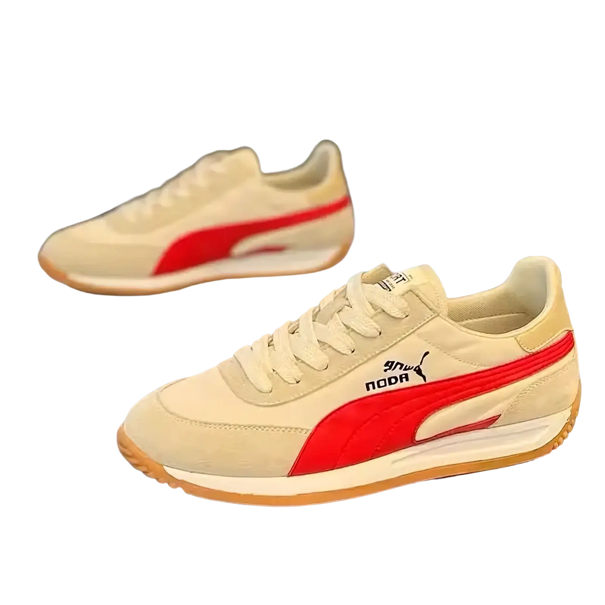 Men cream suede casual sneakers with bold red stripe and matching rubber sole for retro walking shoes