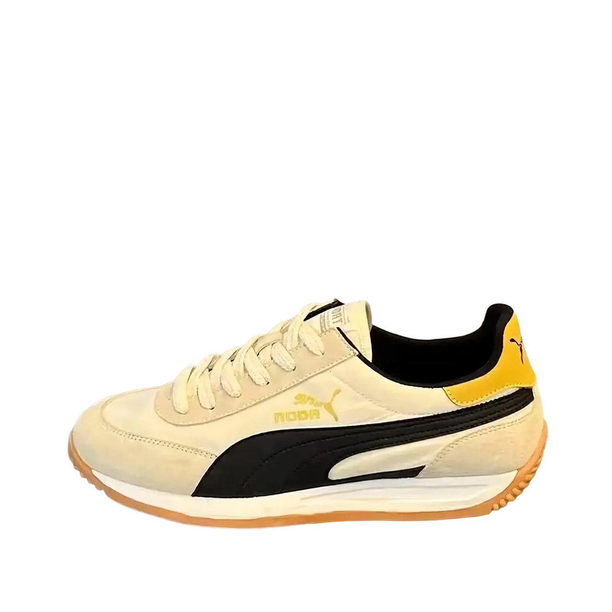 Men cream suede casual sneakers with cream-colored suede, black and yellow accents for retro walking use