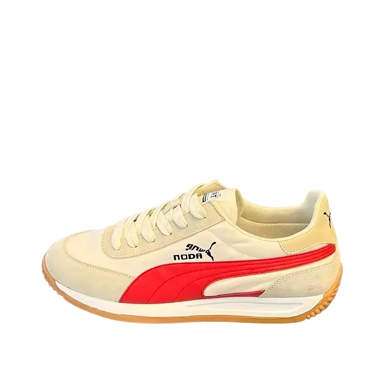 Men cream suede casual sneakers with bold red stripe and matching laces featuring a gum rubber sole for walking