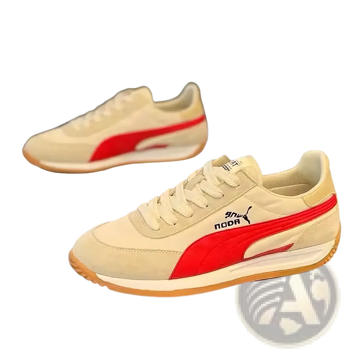 Men cream suede casual sneakers with bold red stripe and matching rubber sole for retro walking shoes