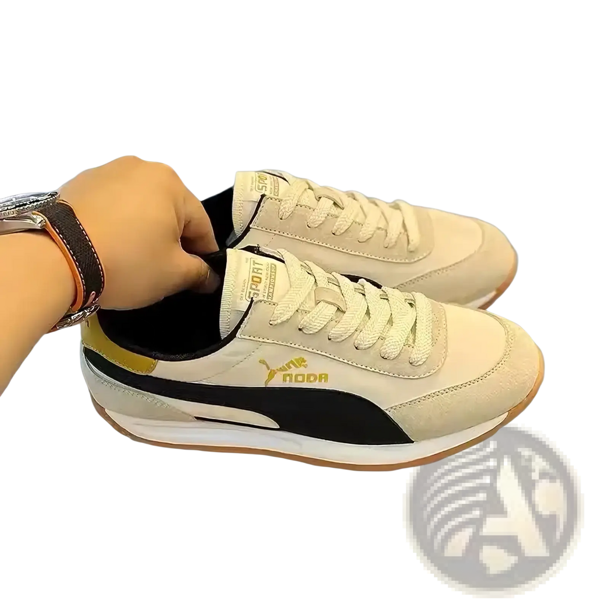 Men cream suede casual sneakers with cream-colored suede upper black and gold accents rubber sole for retro walking
