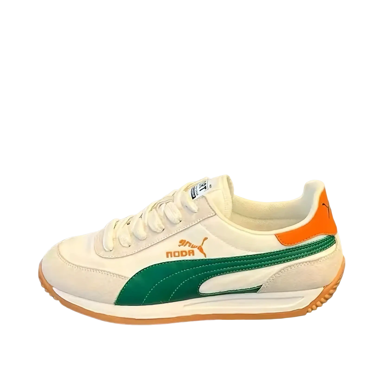Men cream suede casual sneakers white puma noda with green and orange accents for retro walking use