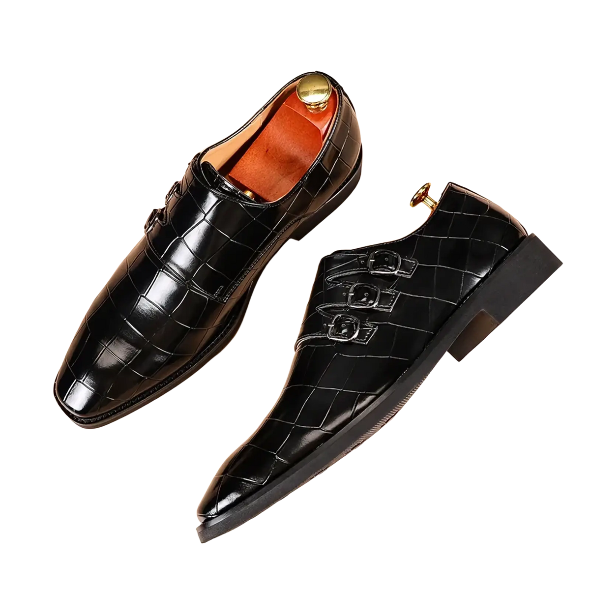 Men croc embossed leather monk strap dress shoes in black with triple buckle closure and gold toned hardware