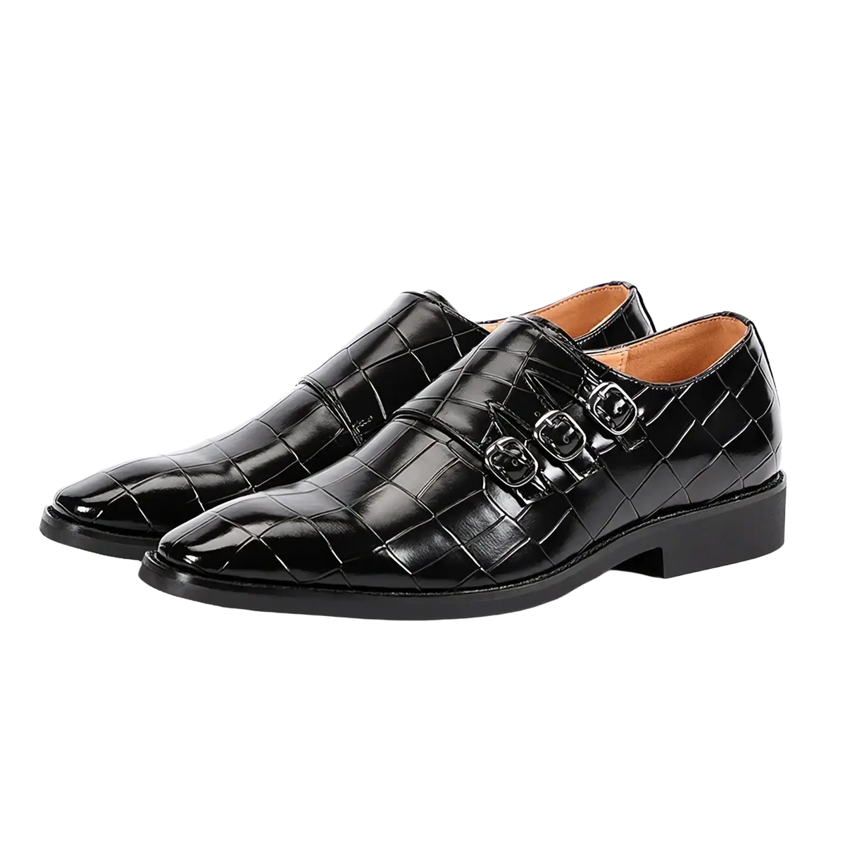 Men croc embossed black leather double monk strap dress shoes with polished finish and metallic buckles