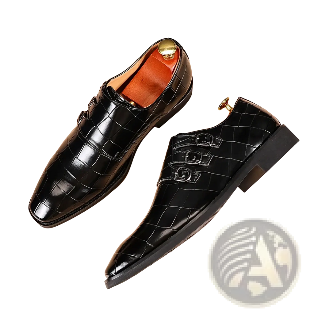 Men croc embossed leather monk strap dress shoes in black with triple buckle closure and gold toned hardware