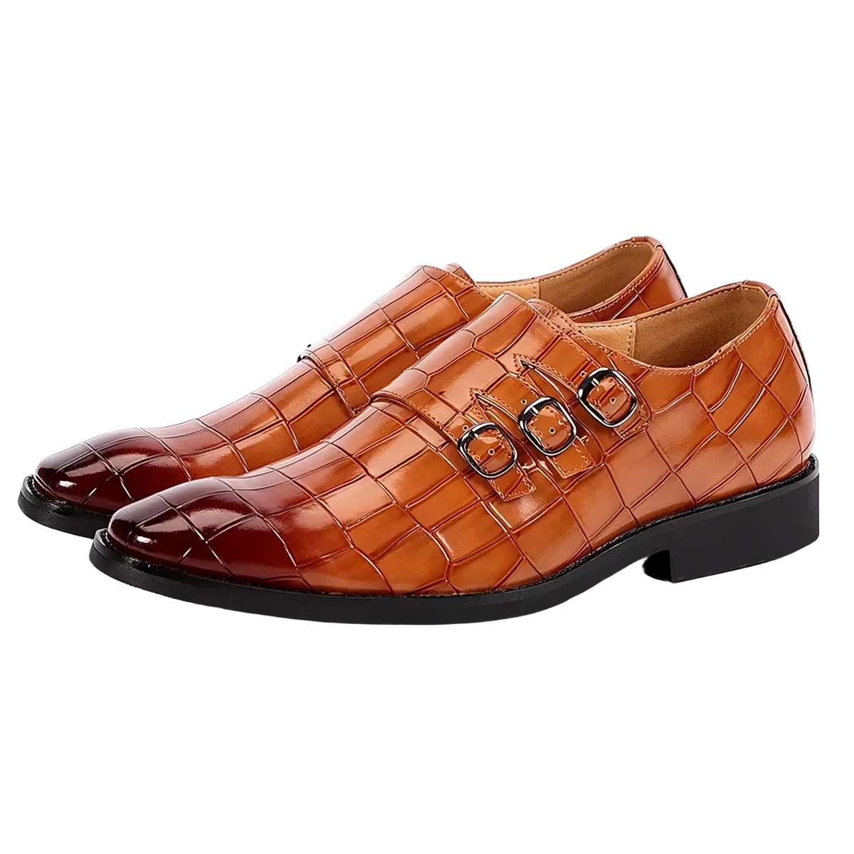 Brown croc embossed leather monk strap dress shoes with double straps and black soles for men formal wear