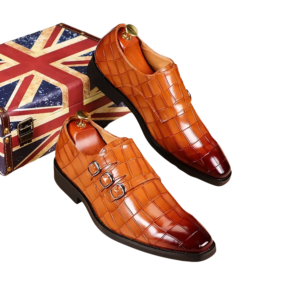 Brown crocodile-embossed leather men croc embossed leather monk strap dress shoes with three silver buckles