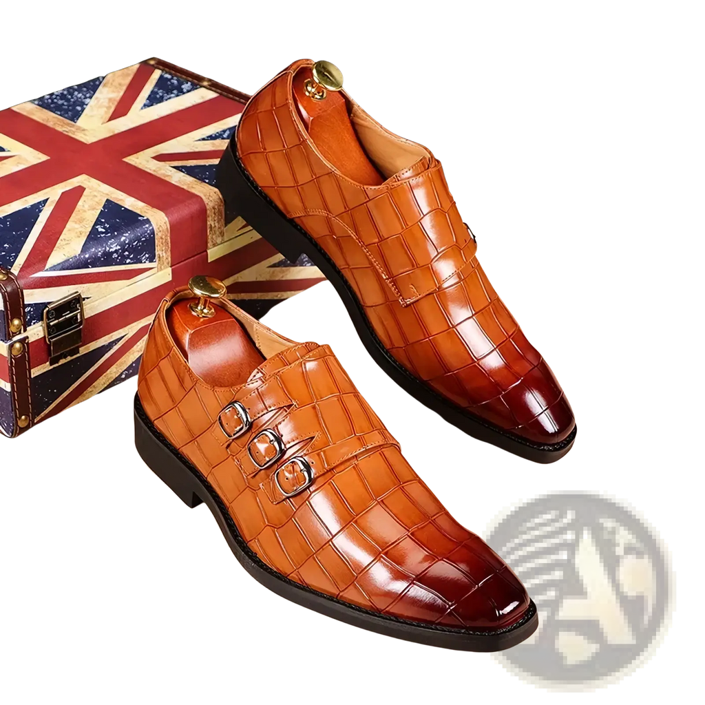 Brown crocodile-embossed leather men croc embossed leather monk strap dress shoes with three silver buckles