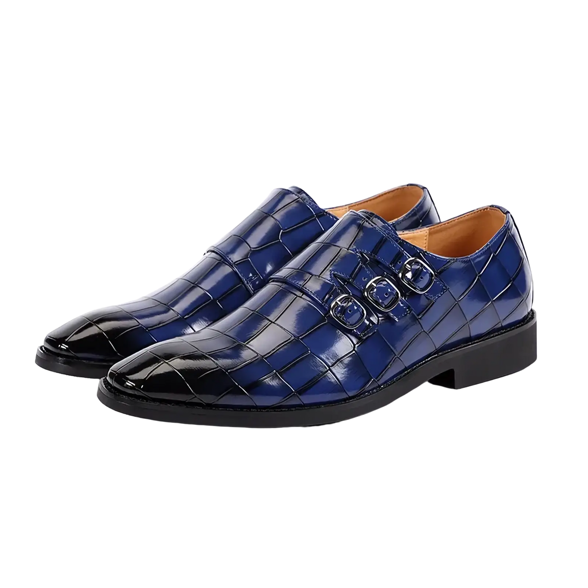 Men croc embossed leather monk strap dress shoes in deep blue with glossy finish and two tone buckle detailing