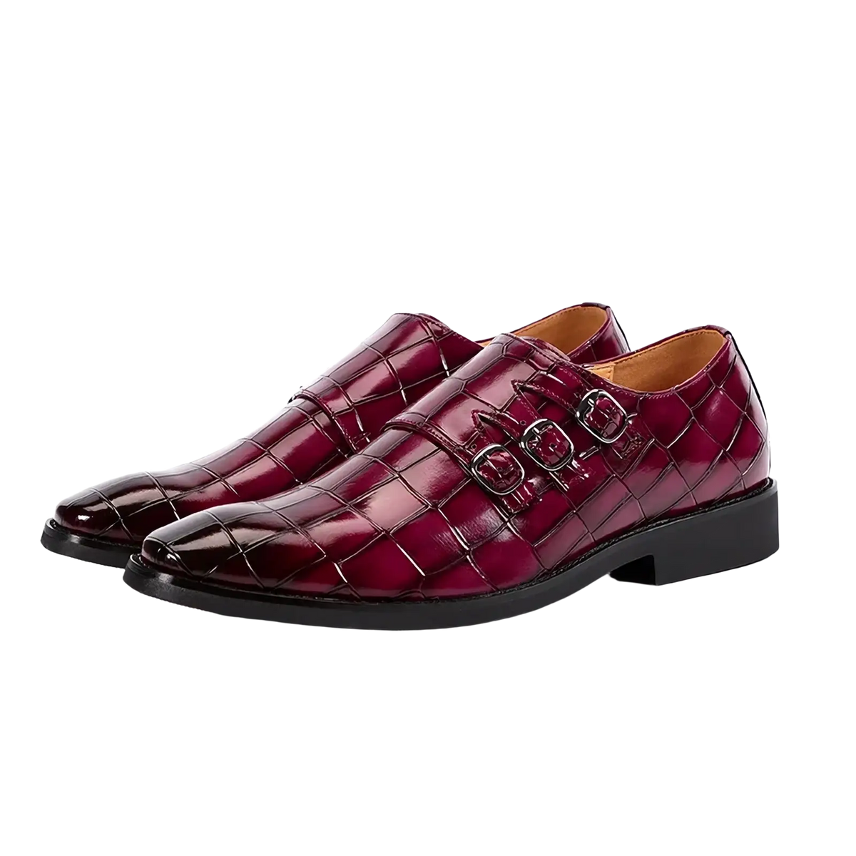 Men croc embossed leather monk strap dress shoes in deep burgundy with black rubber soles for formal occasions