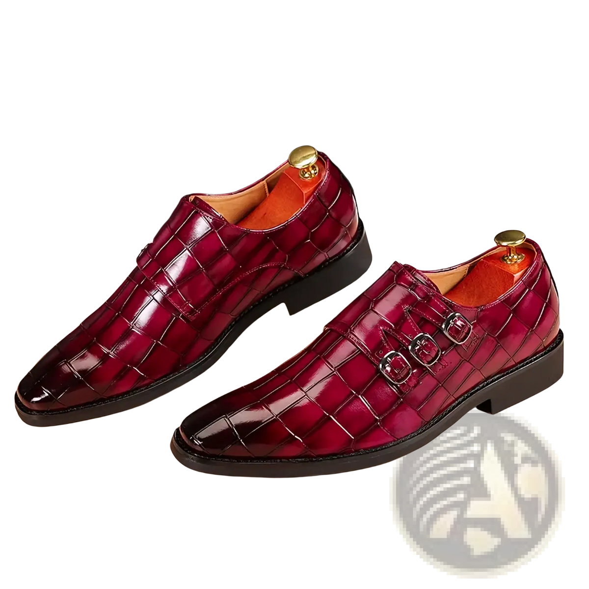 Men croc embossed leather double monk strap dress shoes in polished burgundy with gold-toned buckles and black soles