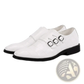 Men croc embossed leather monk strap dress shoes in white with black rubber soles and silver toned buckles