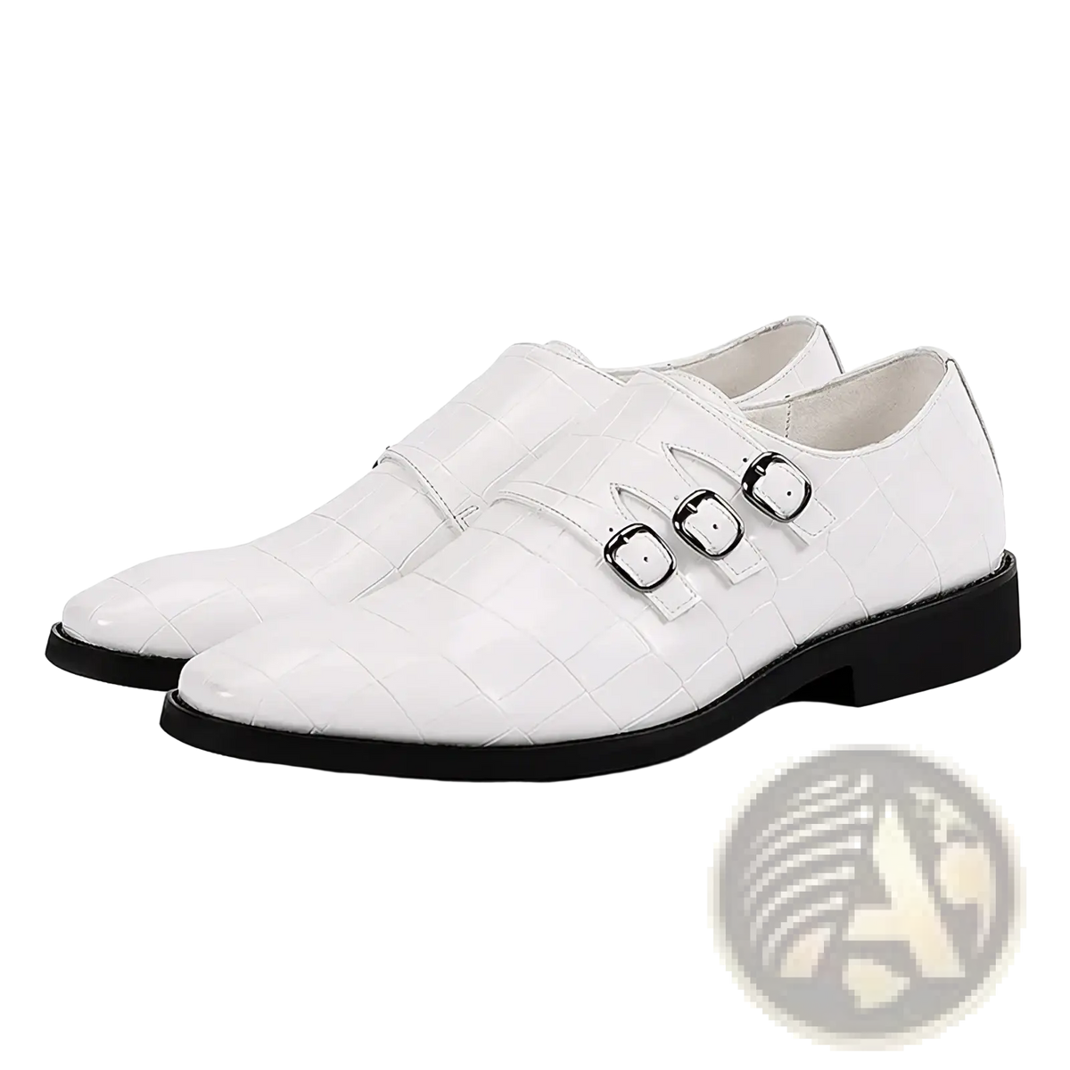 Men croc embossed leather monk strap dress shoes in white with black rubber soles and silver toned buckles