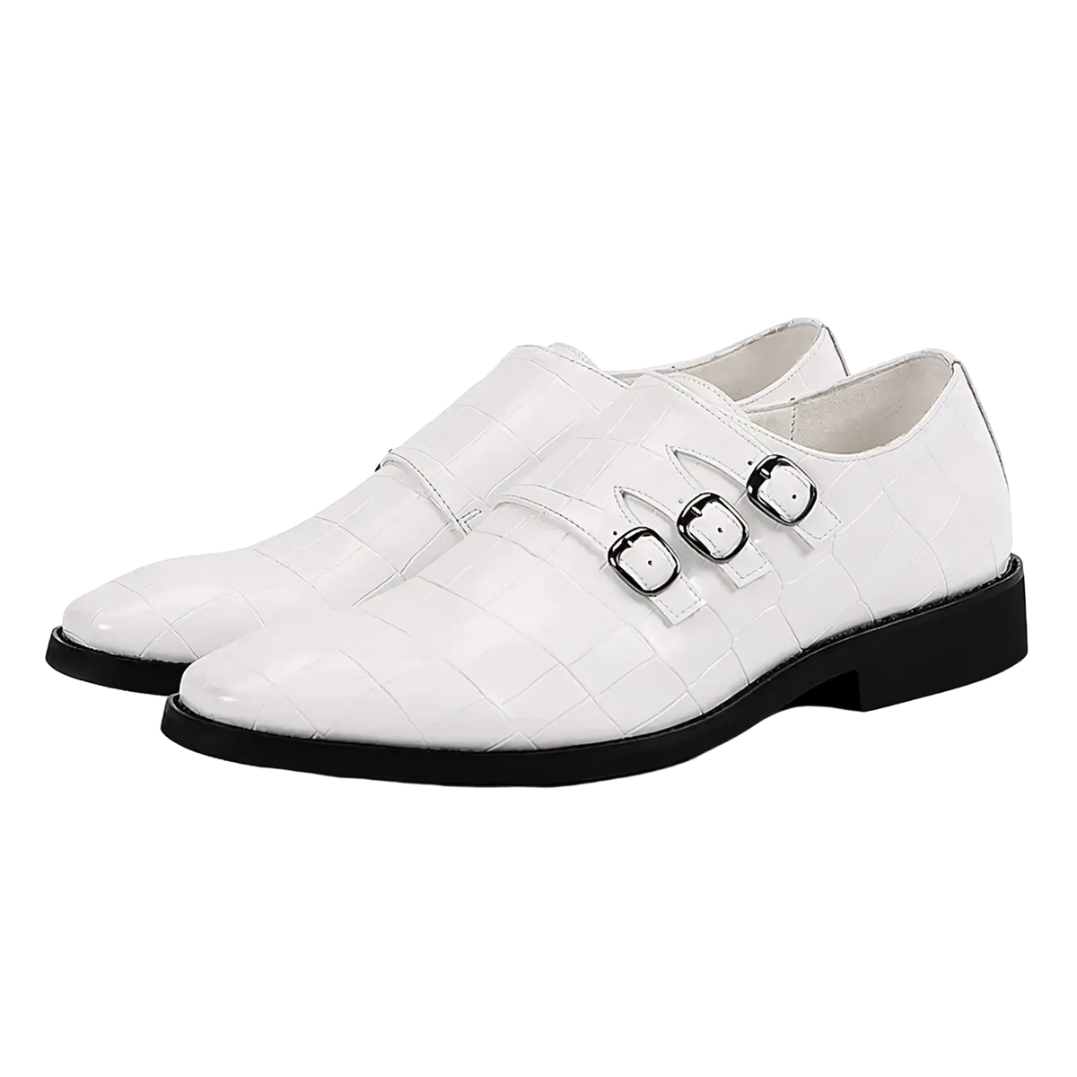 Men croc embossed leather monk strap dress shoes in white with black rubber soles and silver toned buckles