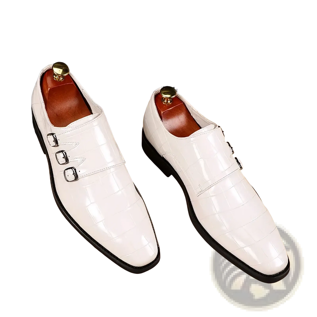 Men croc embossed leather monk strap dress shoes in white patent leather with black soles and silver buckle closures
