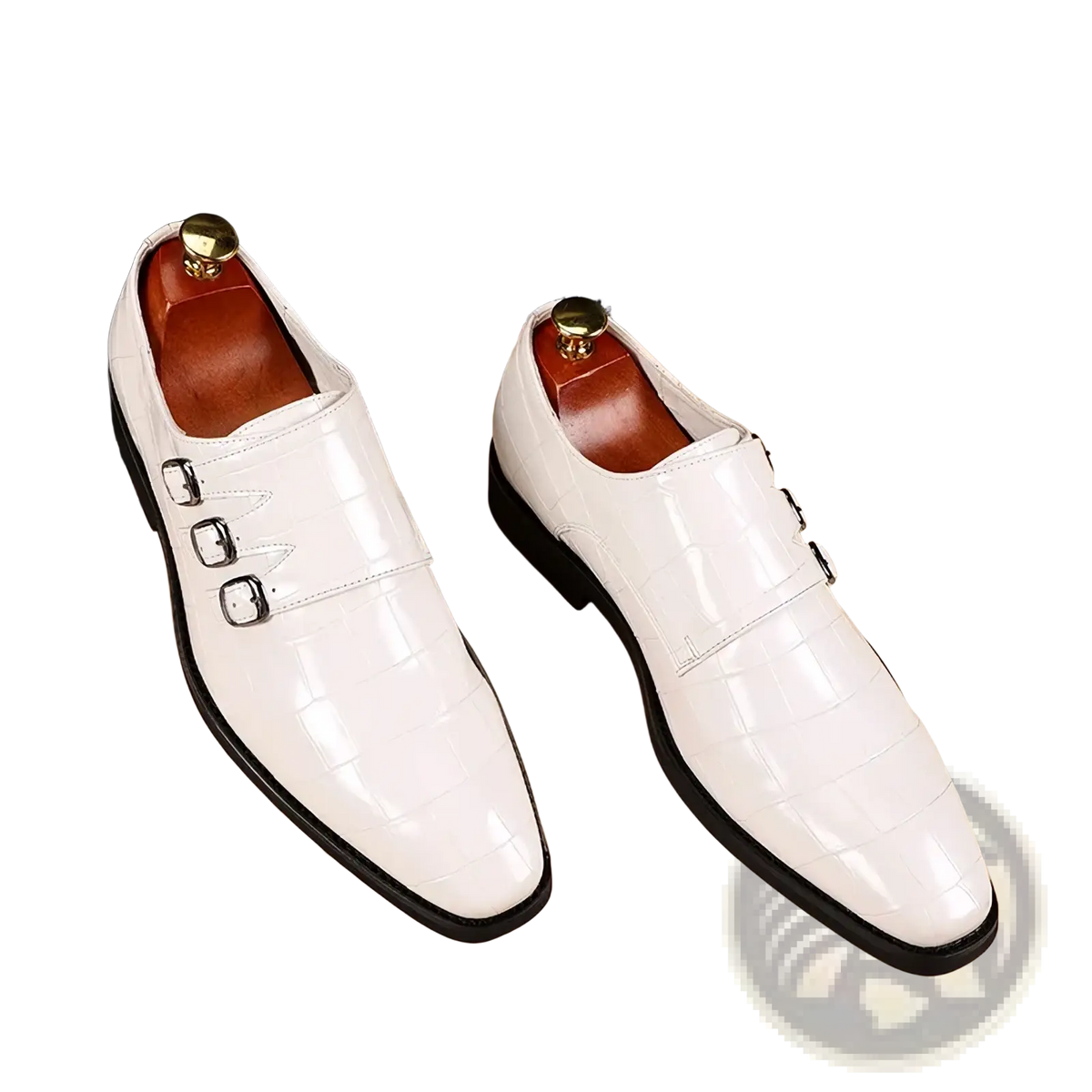 Men croc embossed leather monk strap dress shoes in white patent leather with black soles and silver buckle closures