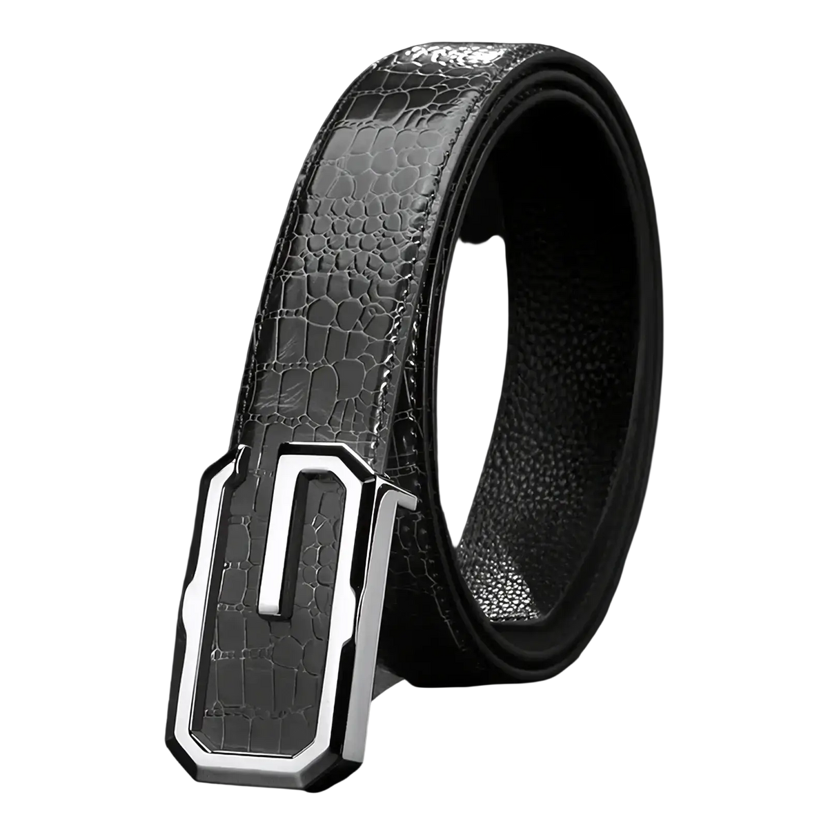 Black men crocodile leather belt with a sleek silver-toned rectangular buckle for formal wear