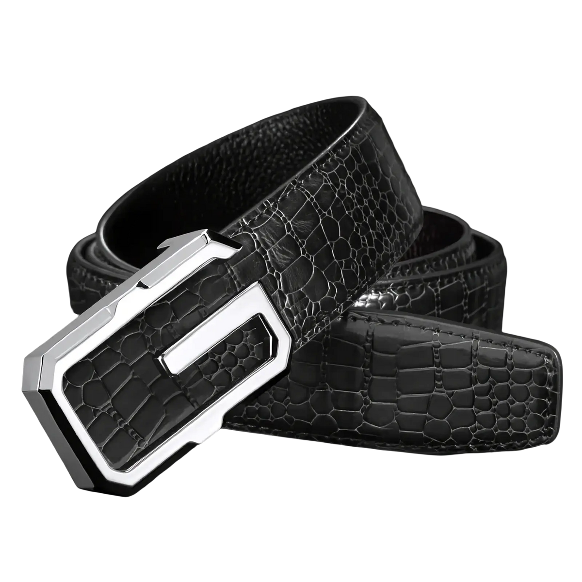 Men crocodile leather belt in black with a sleek silver-toned rectangular buckle for formal wear