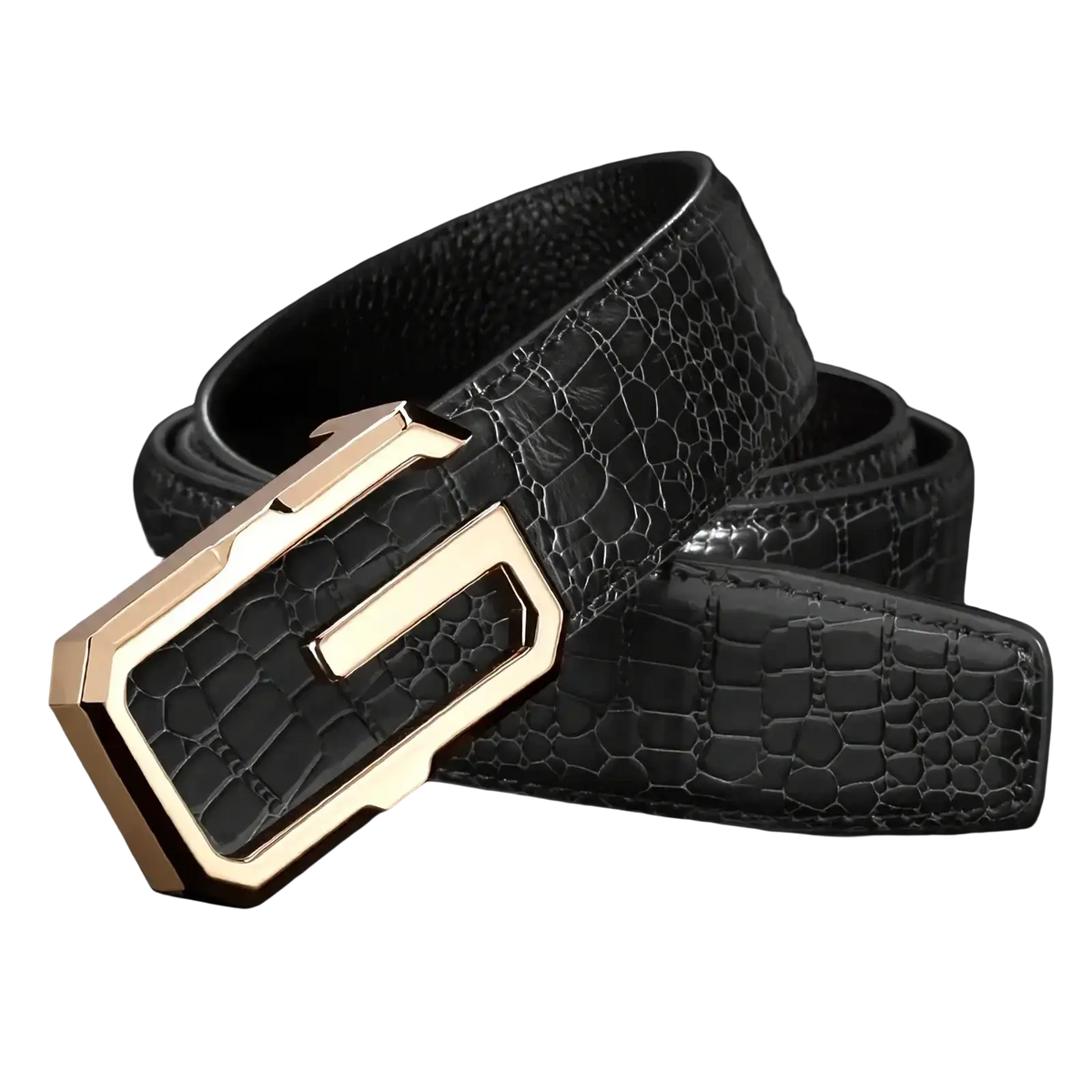 Black men crocodile leather belt with crocodile pattern and gold-tone rectangular buckle for formal wear
