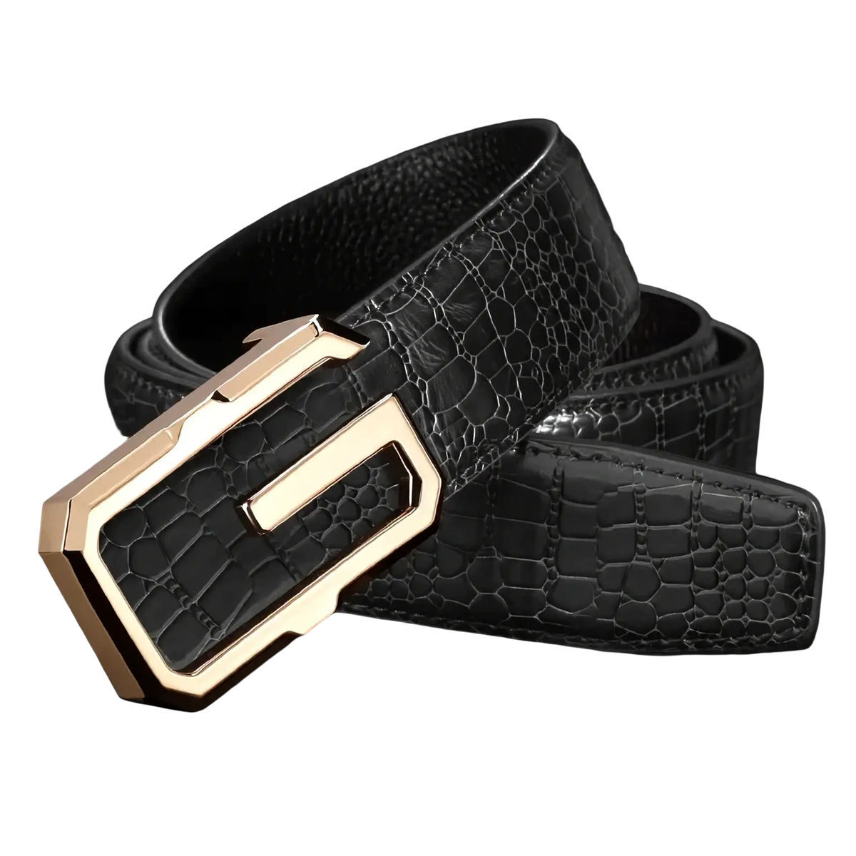 Men crocodile leather belt in black with a gold-tone rectangular buckle suitable for formal wear