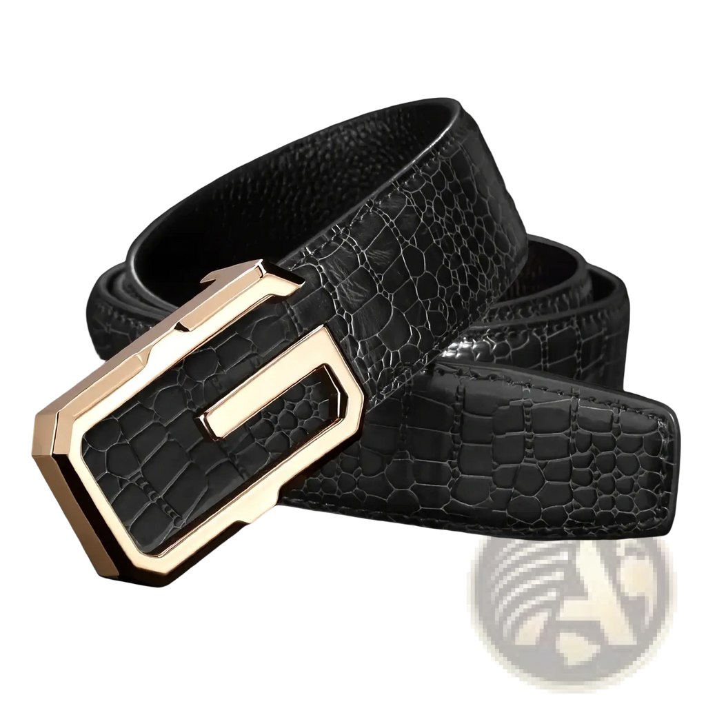 Black crocodile-patterned leather belt with gold-tone rectangular buckle for men featuring silver buckle accents