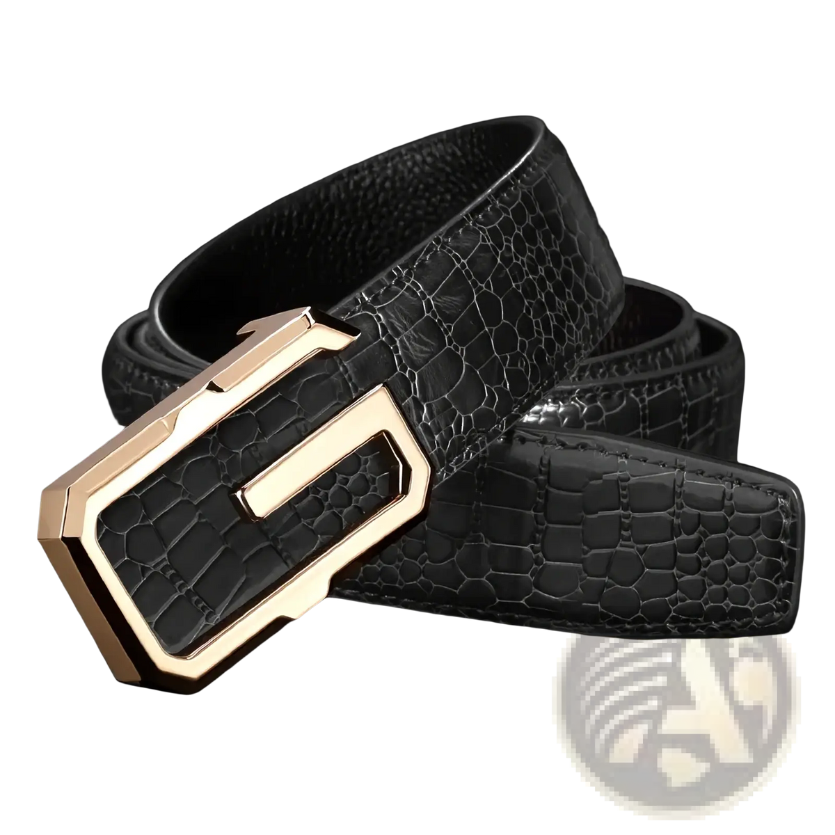 Black crocodile-patterned leather belt with gold-tone rectangular buckle for men featuring silver buckle accents