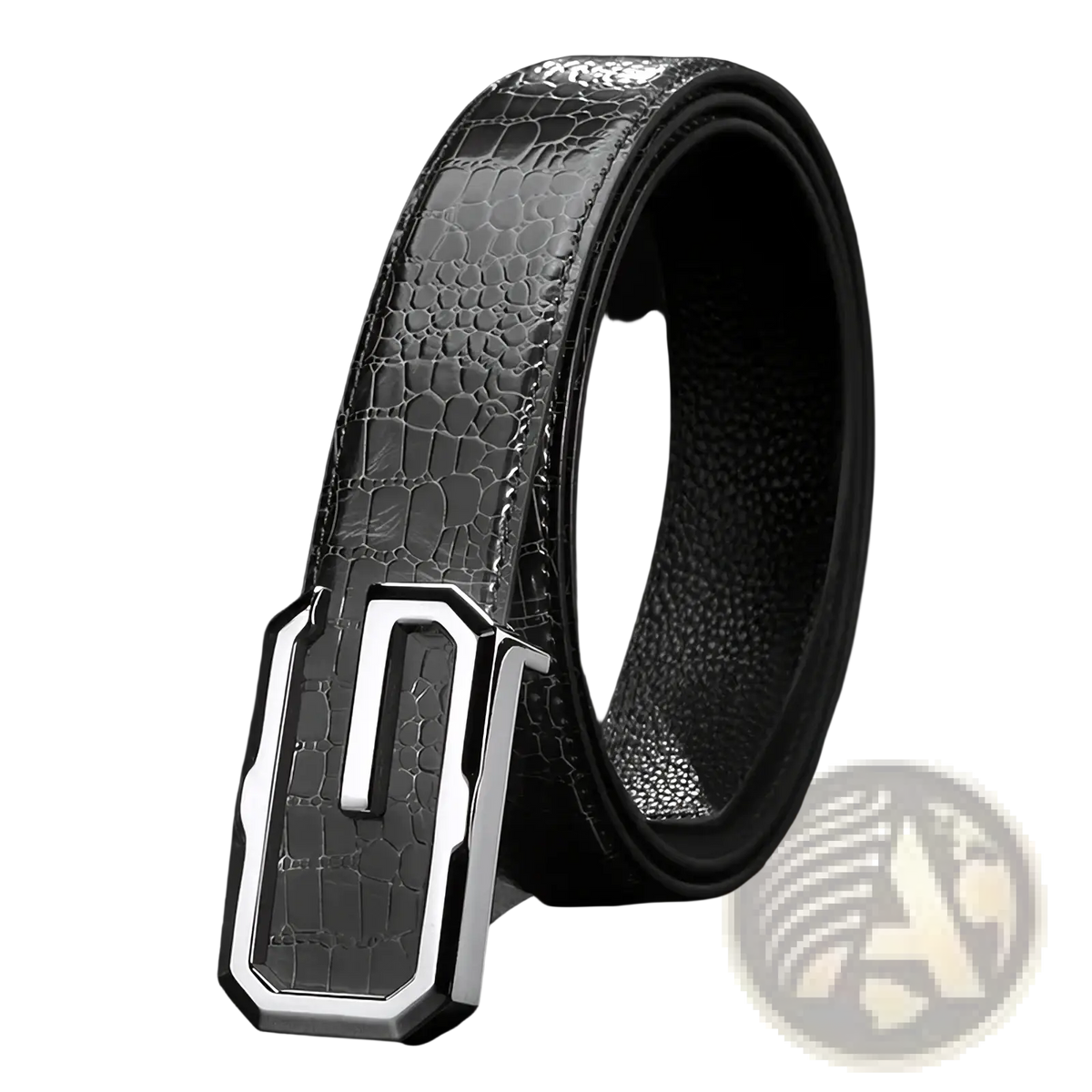 Men crocodile leather belt in black with a silver-toned rectangular buckle for formal wear
