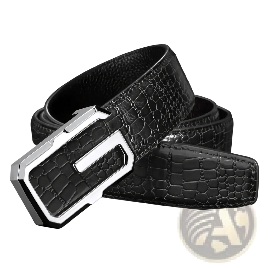 Men crocodile leather belt in black with a sleek silver-toned rectangular buckle for formal wear