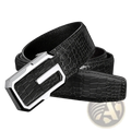 Men crocodile leather belt in black with a sleek silver-toned rectangular buckle for formal wear