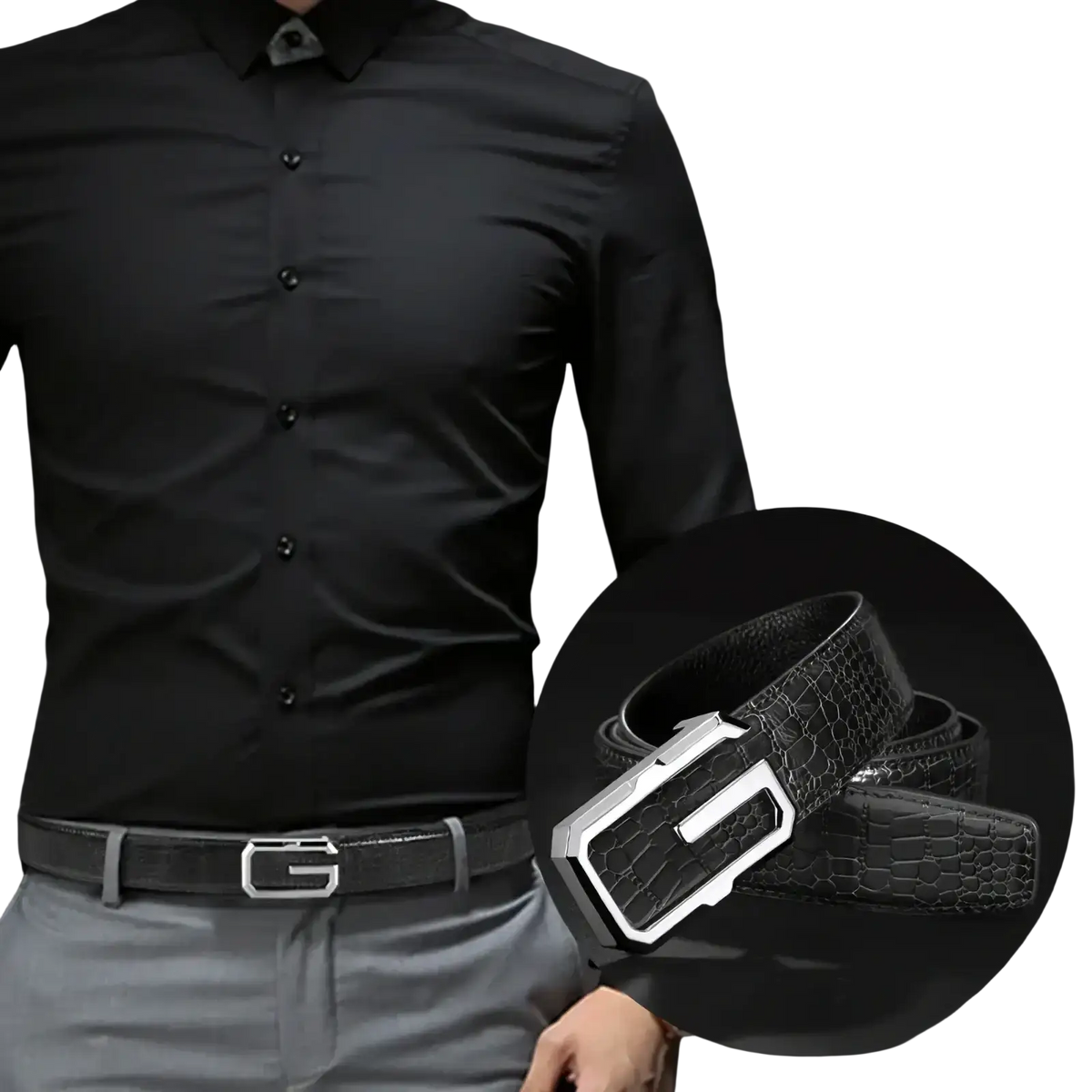 Men crocodile leather belt in black with a silver-toned rectangular buckle embossed with a g logo