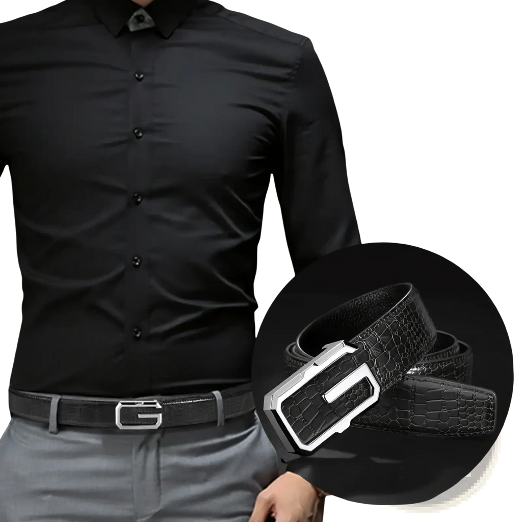 Men crocodile leather belt in black with silver-toned rectangular buckle featuring an embossed G logo