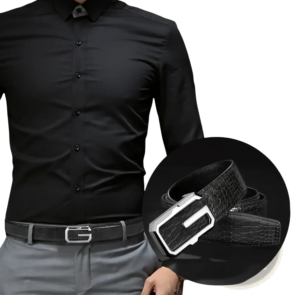 Men crocodile leather belt in black with silver-toned rectangular buckle featuring an embossed G logo