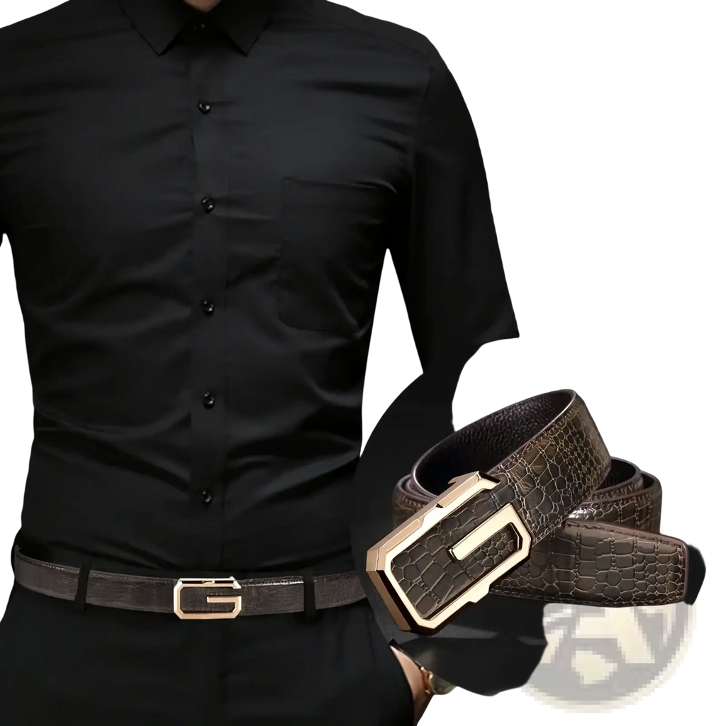 Men crocodile leather belt in dark brown with gold-tone rectangular buckle embossed with g logo