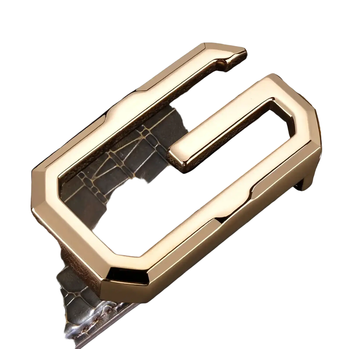 Men crocodile leather belt with a gold-tone metallic silver buckle featuring sleek angular design and crocodile texture