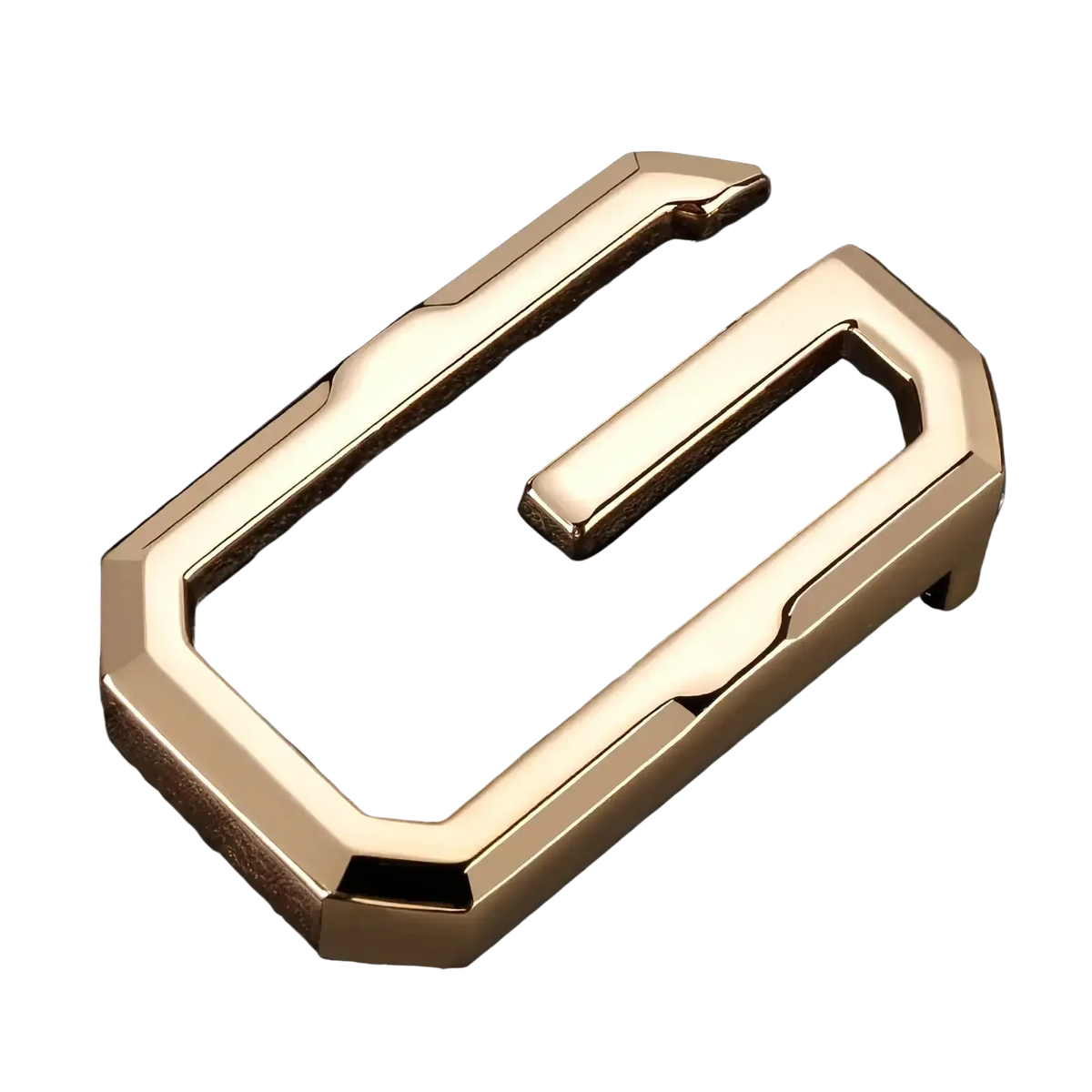 Men crocodile leather belt with gold-toned geometric metal carabiner and silver buckle in sleek angular design