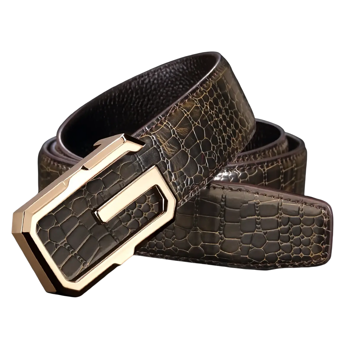 Men crocodile leather belt in dark brown with a polished gold-tone automatic buckle for formal wear
