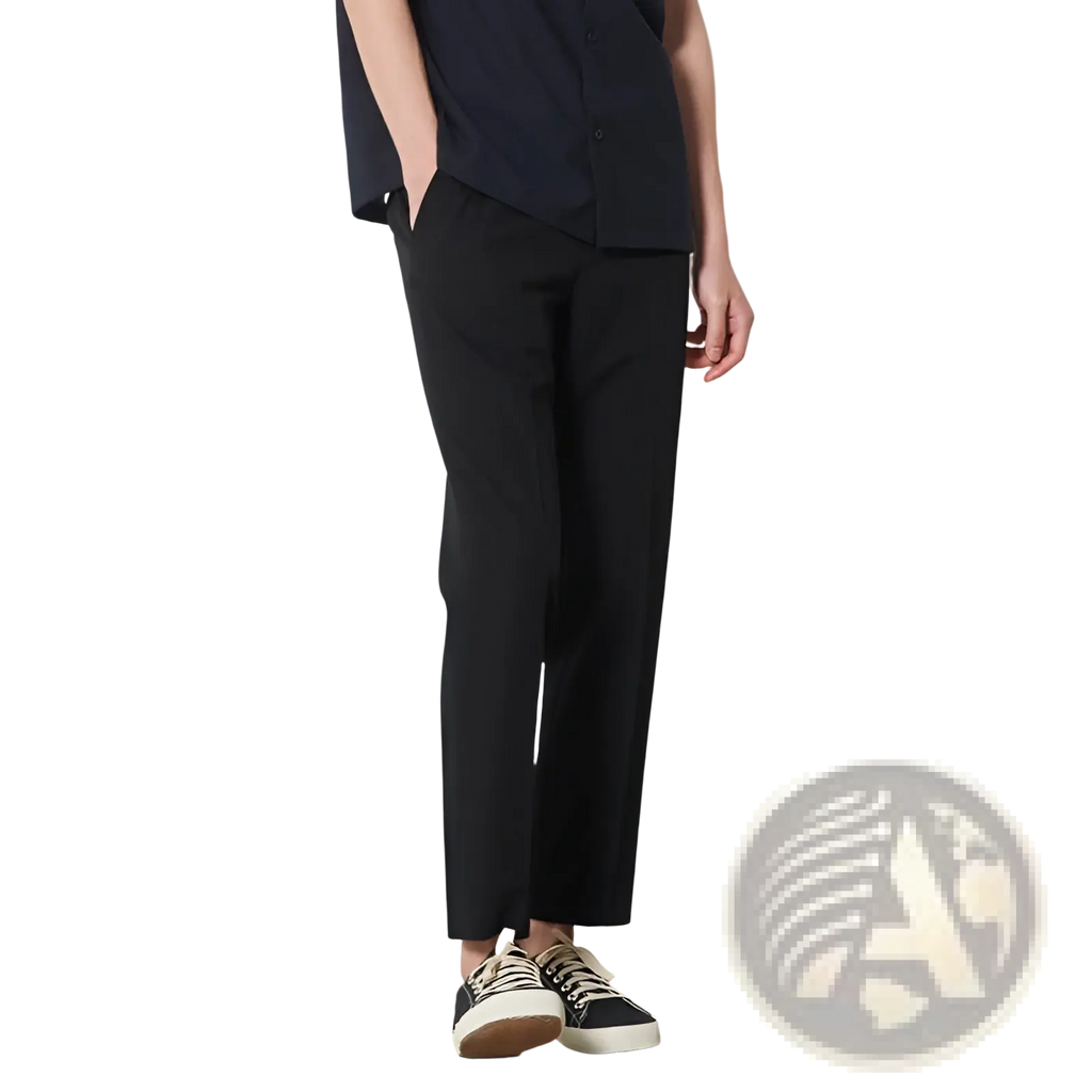 Black men cropped straight trousers with sleek modern cut subtle creases casual cotton pants front view