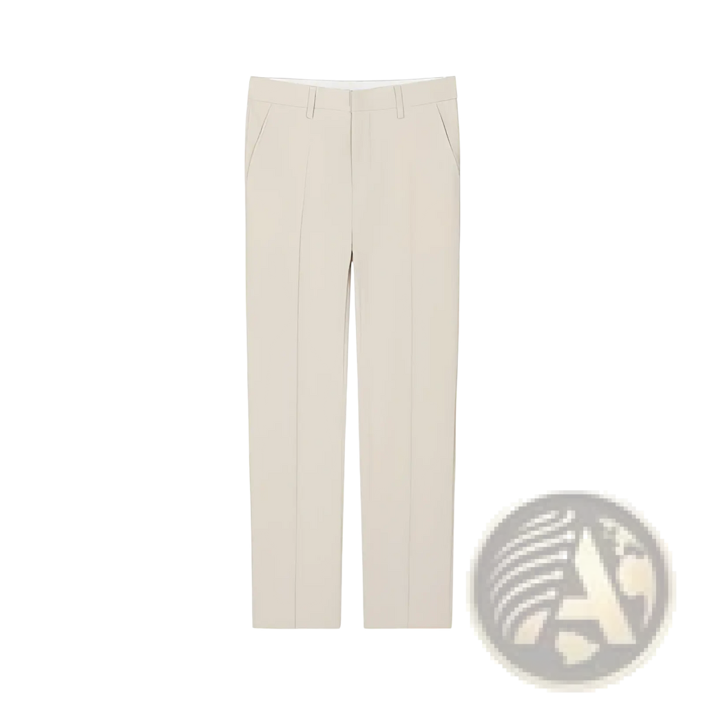 Cream-colored slim-fit men cropped straight trousers made of casual cotton with subtle front pleats and tailored design