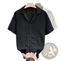 Men cuban collar short sleeve shirt in black with textured woven pattern and subtle collar embellishments