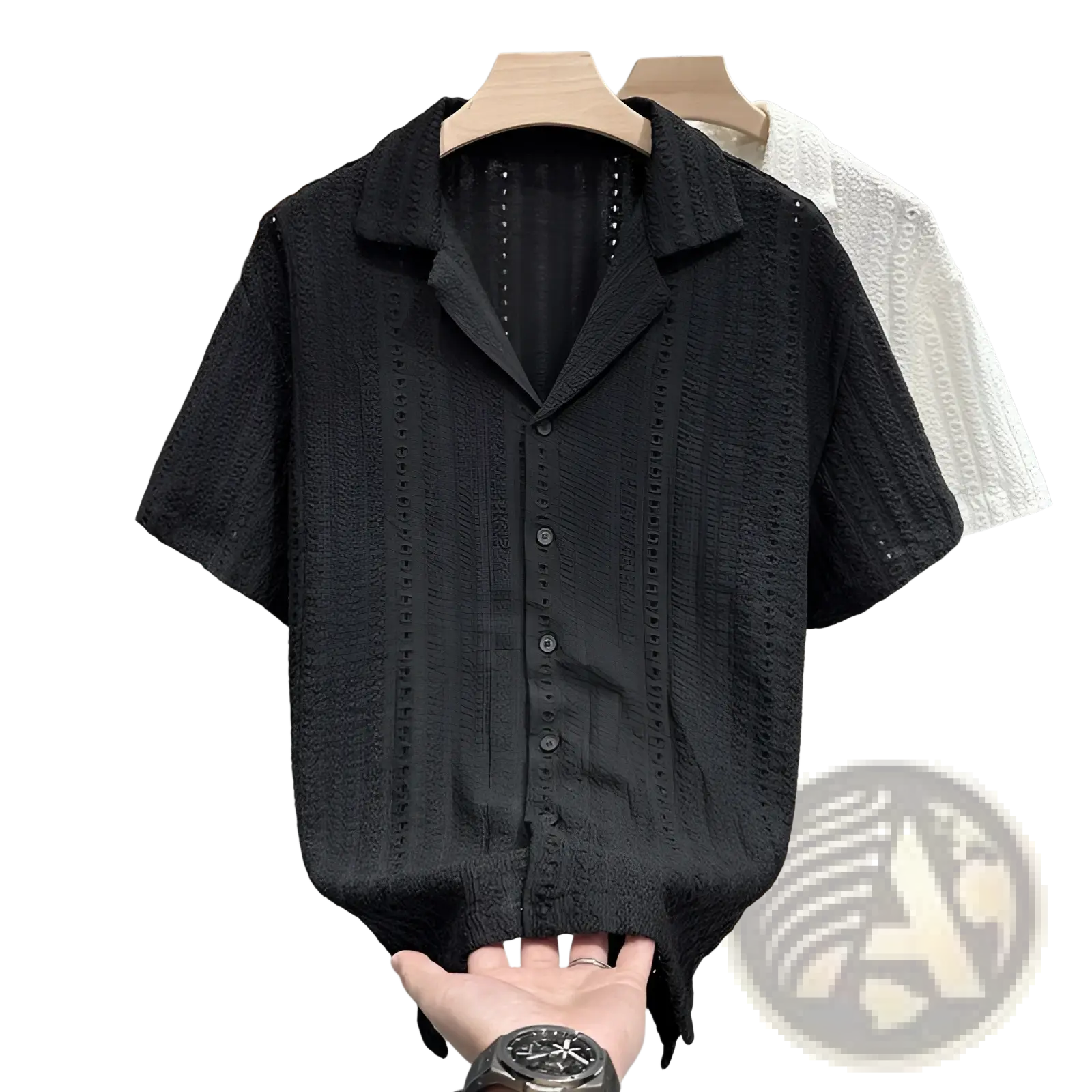 Men cuban collar short sleeve shirt in black with textured woven pattern and subtle collar embellishments