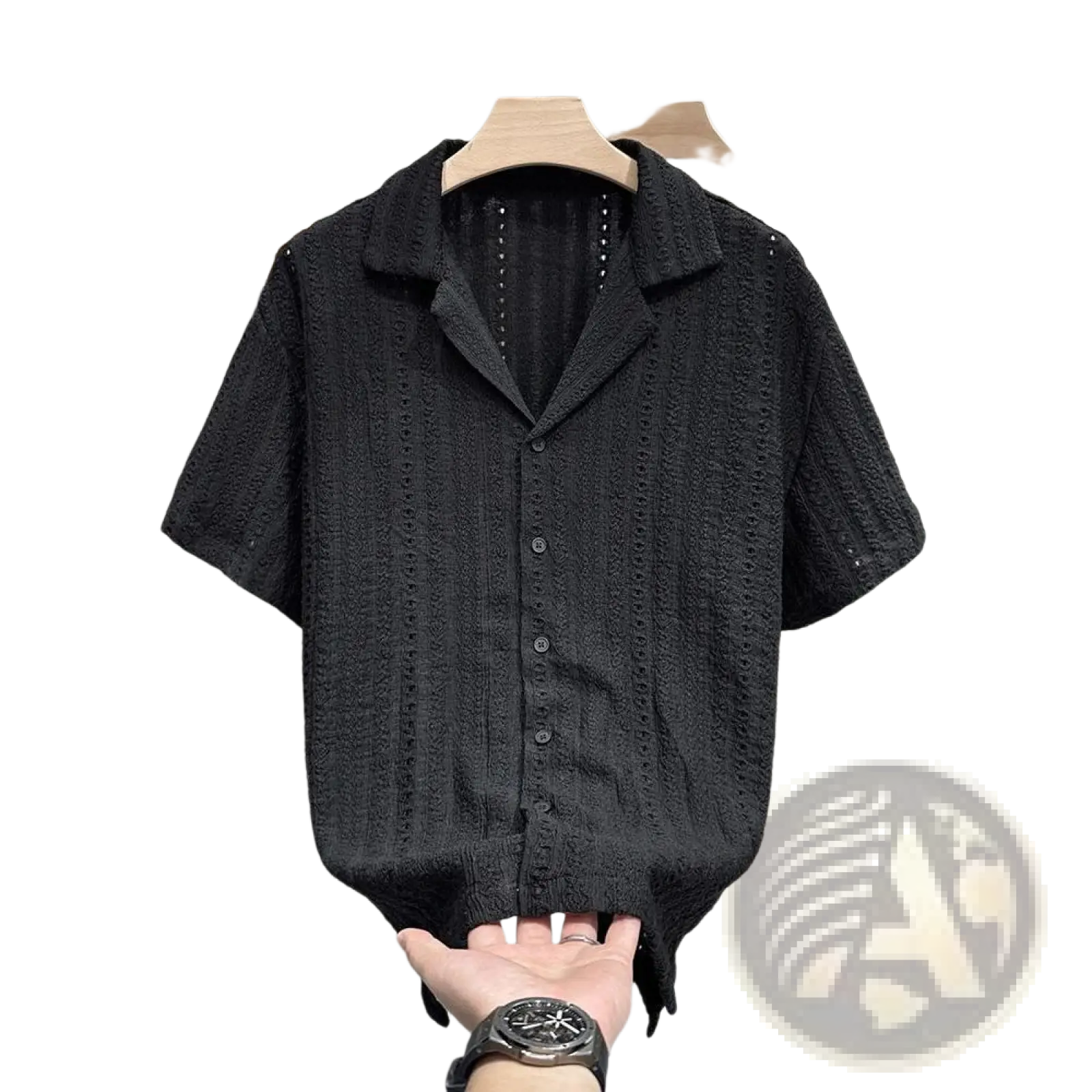 Men Cuban collar short sleeve black shirt with textured embroidery and pearl-like embellishments on the collar