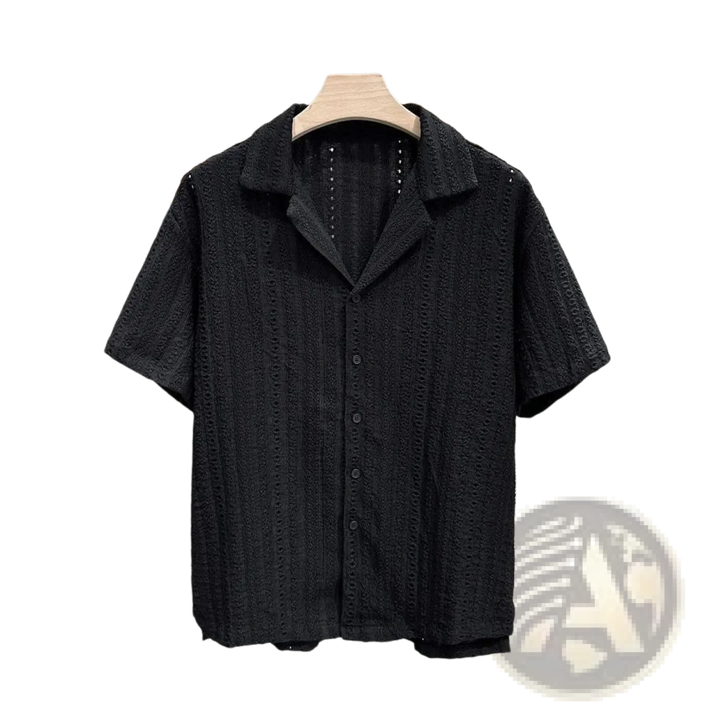 Men Cuban collar short sleeve shirt in black with a textured lace-like pattern and button-up front