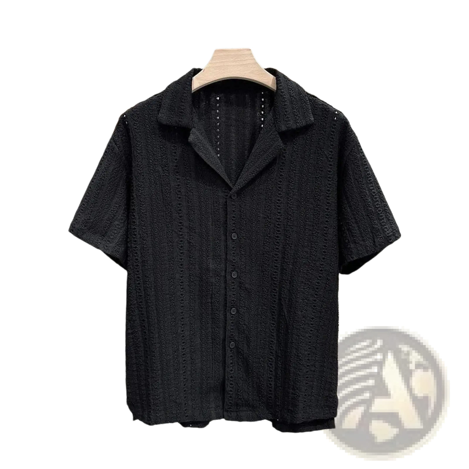 Men Cuban collar short sleeve shirt in black with a textured lace-like pattern and button-up front