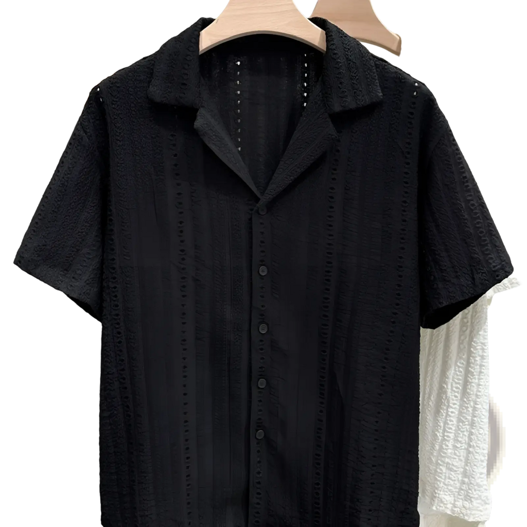 Black men Cuban collar short sleeve shirt with intricate eyelet embroidery and button-up front collar detail