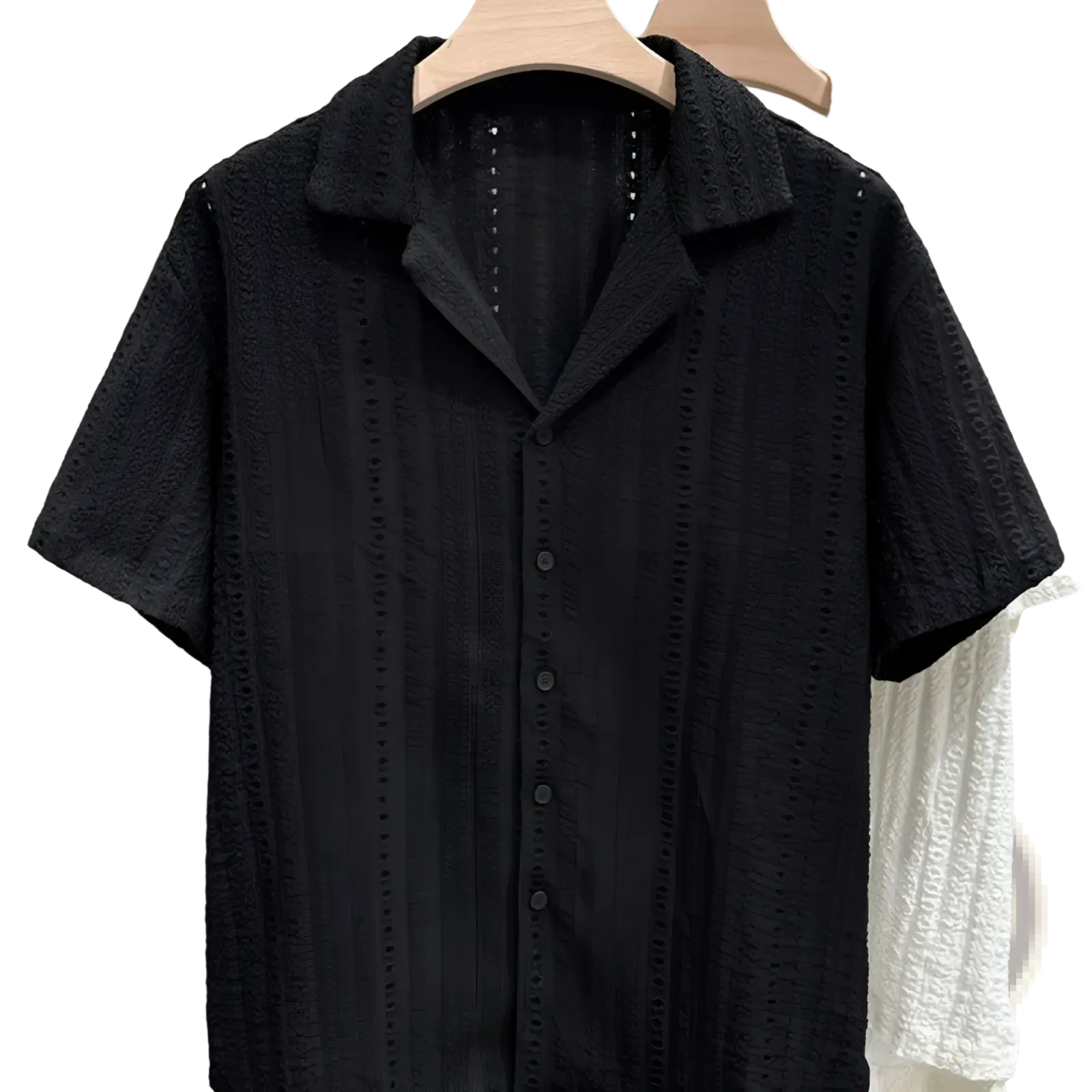 Black men Cuban collar short sleeve shirt with intricate eyelet embroidery and button-up front collar detail