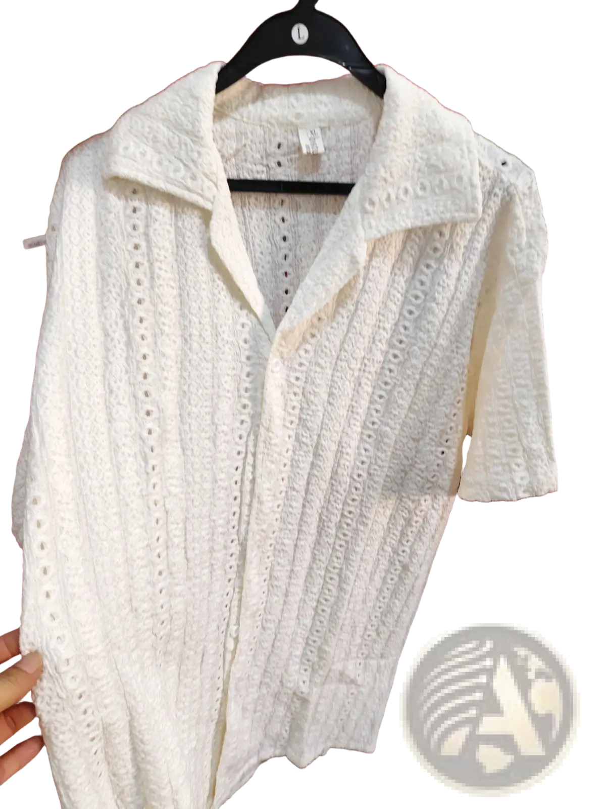 Men Cuban collar short sleeve shirt in white with lace-like embroidered pattern and a classic collar