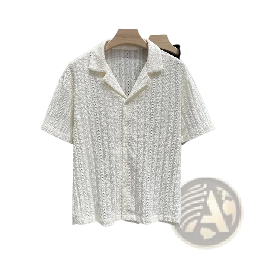 Men Cuban collar short sleeve shirt in white with delicate eyelet lace pattern and button-up front